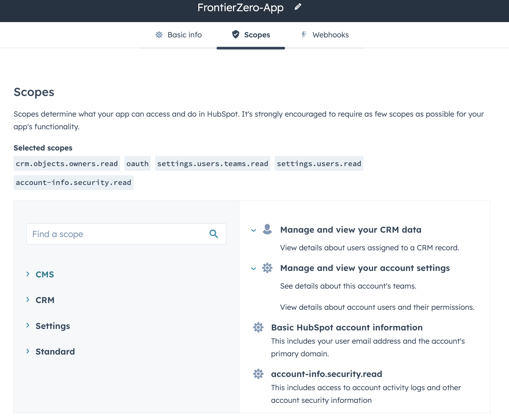 Hubspot Readonly scopes
