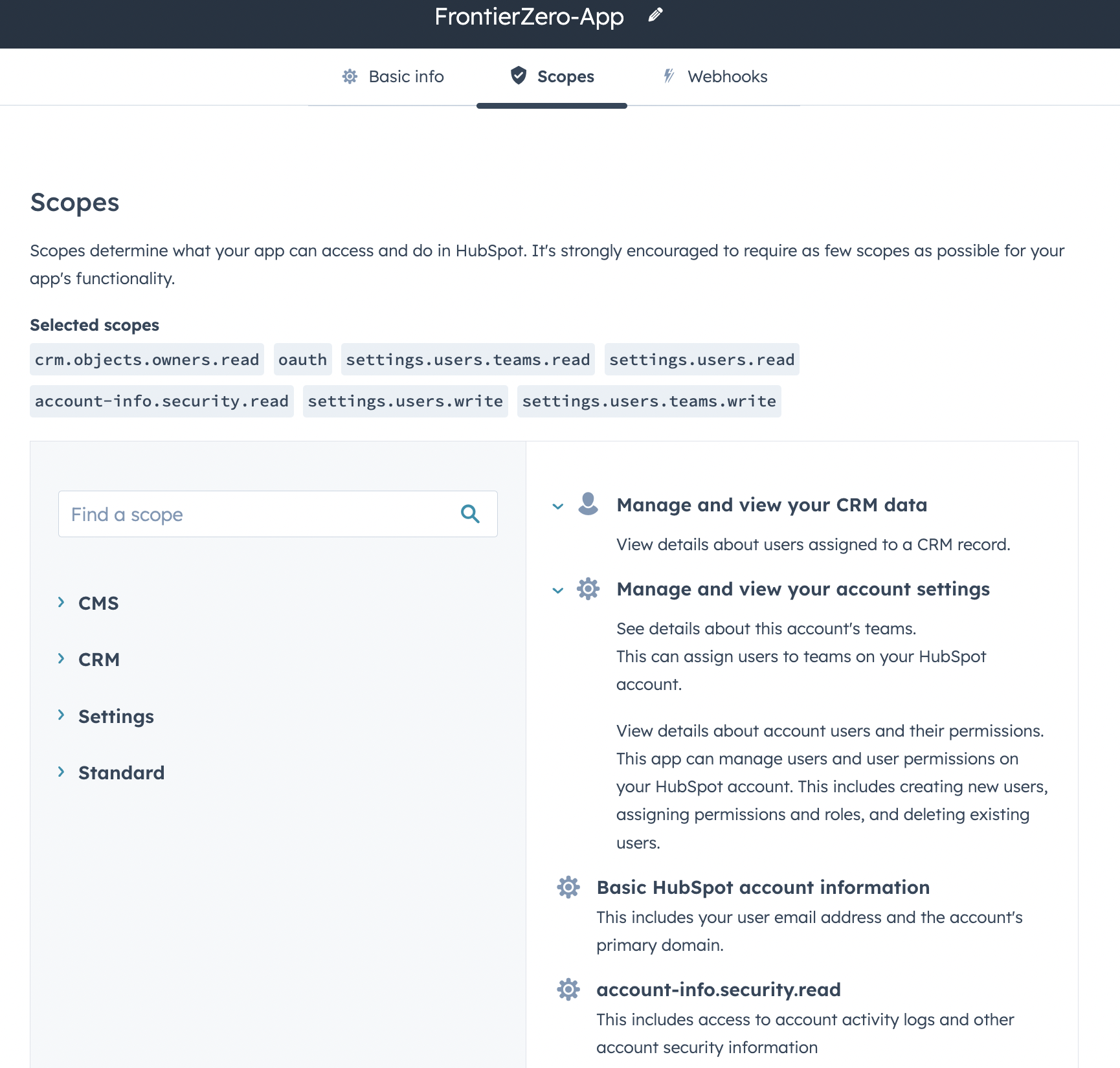 Hubspot Read/write scopes